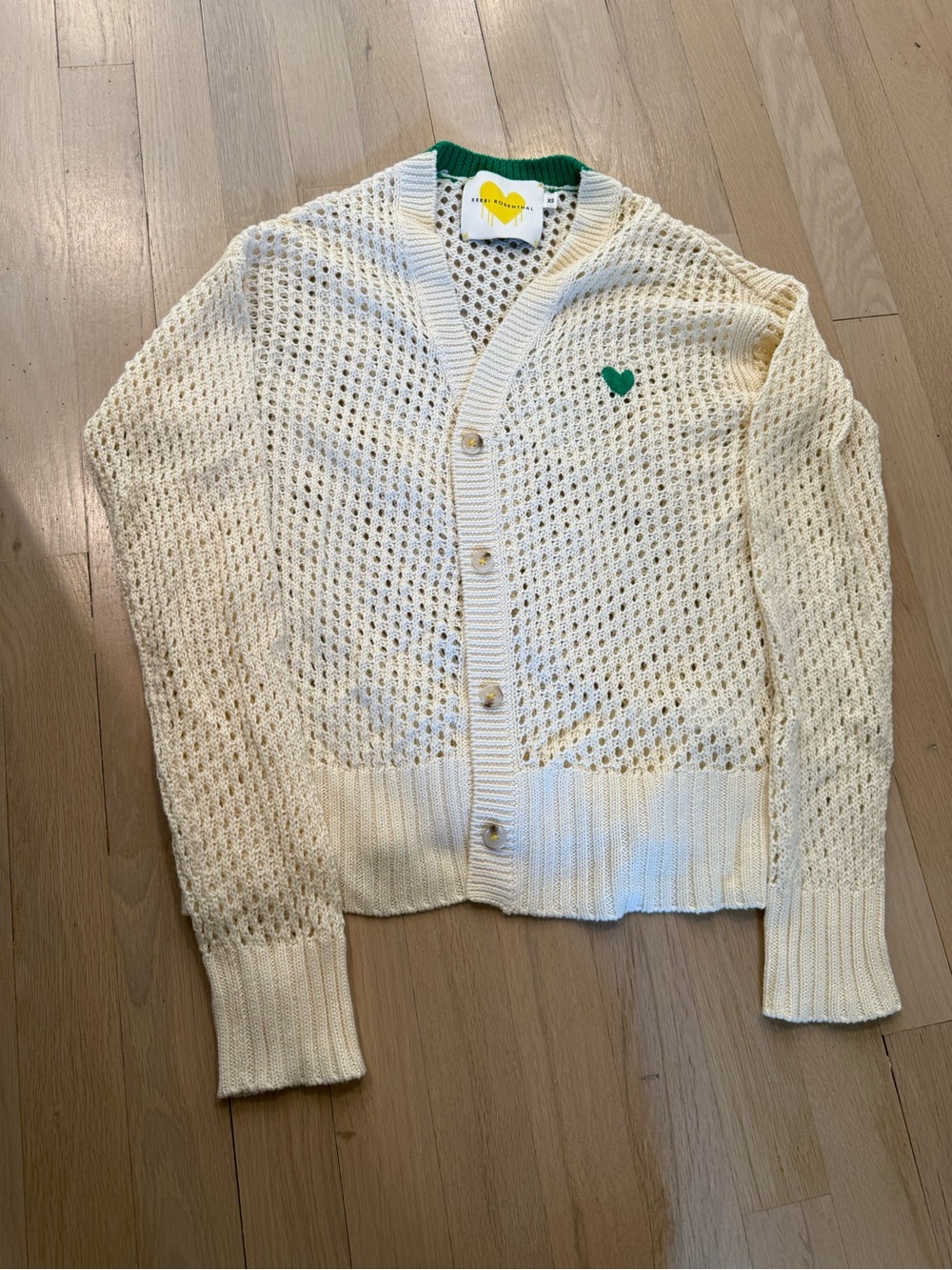 Kerri Rosenthal - Cream Knit Button-Front Cardigan with Green Heart Accent
